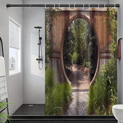 Circle Doorway Shower Curtain Rustic Landscape Pattern With Hooks
