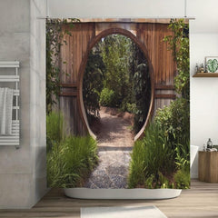 Circle Doorway Shower Curtain Rustic Landscape Pattern With Hooks