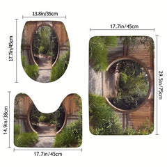 Circle Doorway Shower Curtain Rustic Landscape Pattern With Hooks