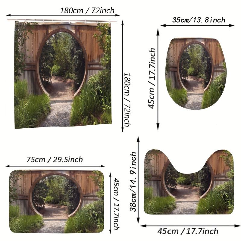 Circle Doorway Shower Curtain Rustic Landscape Pattern With Hooks