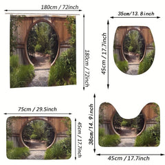 Circle Doorway Shower Curtain Rustic Landscape Pattern With Hooks