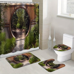 Circle Doorway Shower Curtain Rustic Landscape Pattern With Hooks