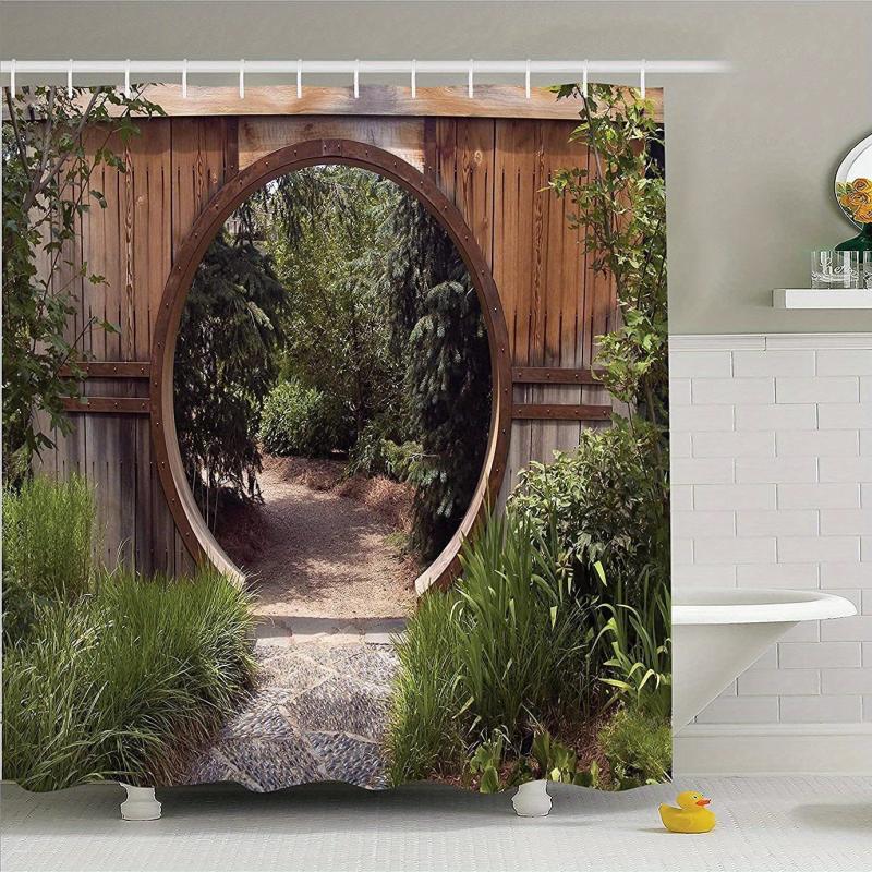 Circle Doorway Shower Curtain Rustic Landscape Pattern With Hooks