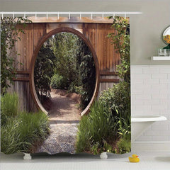 Circle Doorway Shower Curtain Rustic Landscape Pattern With Hooks