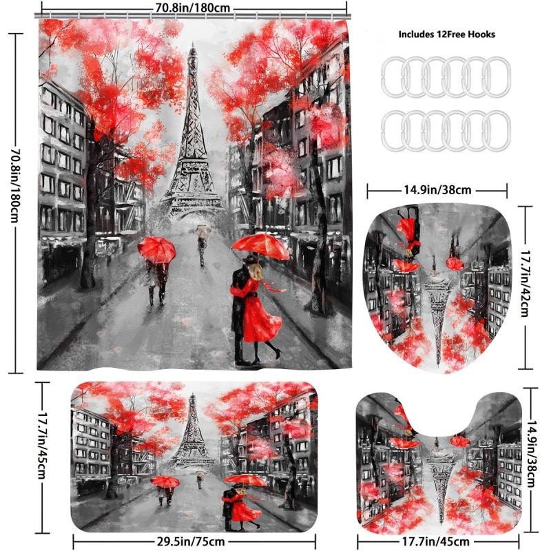 Eiffel Tower Blackout Shower Curtain Red Trees Couple Umbrella