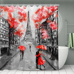 Eiffel Tower Blackout Shower Curtain Red Trees Couple Umbrella