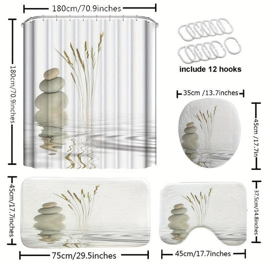 4pcs Stone Print Shower Curtain Set
