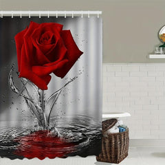 Rose Pattern Shower Curtain Set with 12 Hooks and Non Slip Mat
