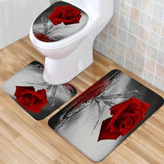 Rose Pattern Shower Curtain Set with 12 Hooks and Non Slip Mat