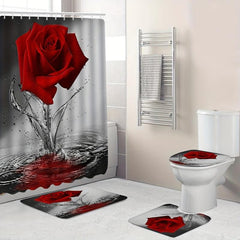 Rose Pattern Shower Curtain Set with 12 Hooks and Non Slip Mat