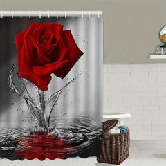 Rose Pattern Shower Curtain Set with 12 Hooks and Non Slip Mat