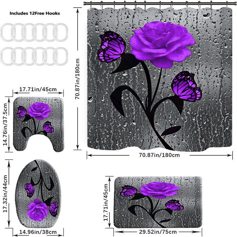 4pcs Purple Rose Pattern Shower Curtain Set with Non Slip Bathroom Rug