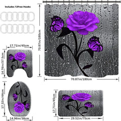 4pcs Purple Rose Pattern Shower Curtain Set with Non Slip Bathroom Rug