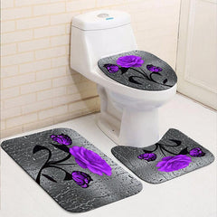4pcs Purple Rose Pattern Shower Curtain Set with Non Slip Bathroom Rug