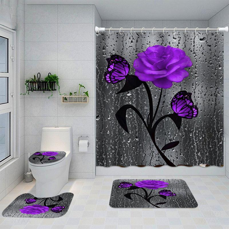 4pcs Purple Rose Pattern Shower Curtain Set with Non Slip Bathroom Rug