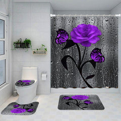 4pcs Purple Rose Pattern Shower Curtain Set with Non Slip Bathroom Rug