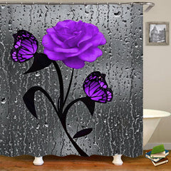 4pcs Purple Rose Pattern Shower Curtain Set with Non Slip Bathroom Rug