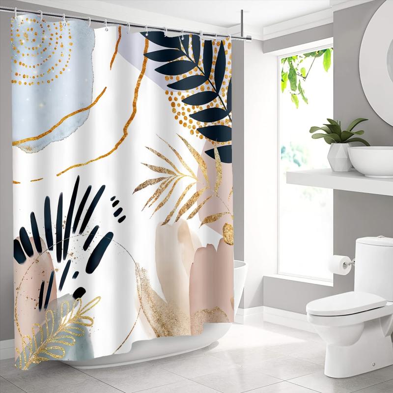 Abstract Mid Century Shower Curtain Pastel Geometric Golden Leaves