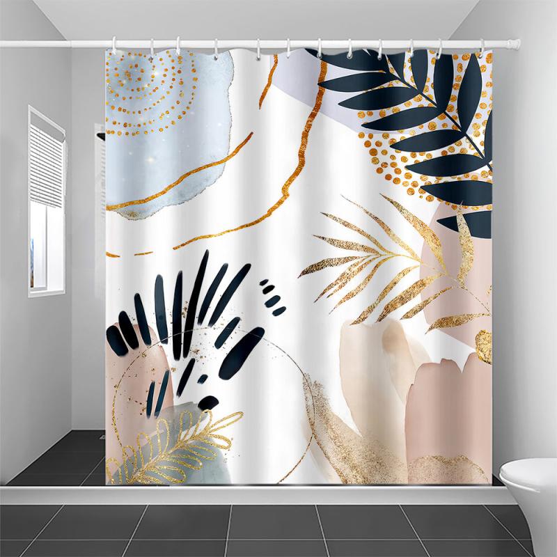 Abstract Mid Century Shower Curtain Pastel Geometric Golden Leaves