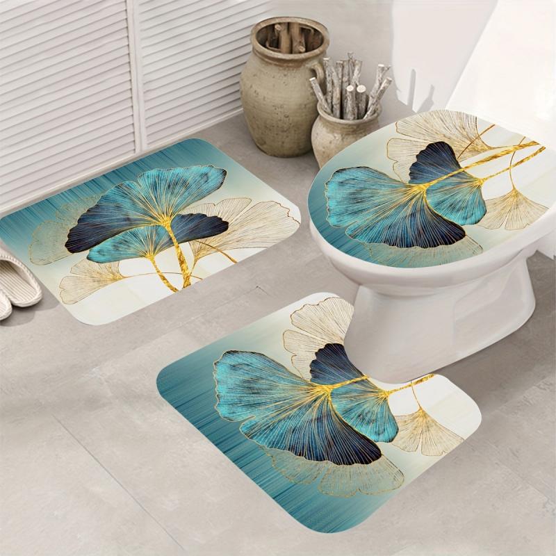 Leaf Pattern Shower Curtain with Non-Slip Mat and Toilet Cover