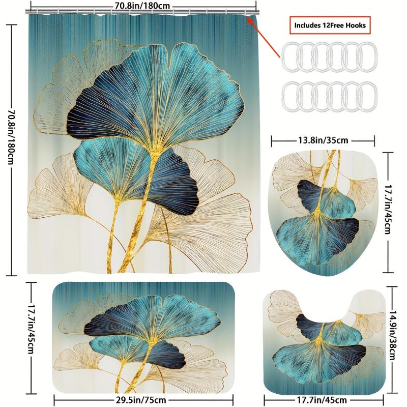 Leaf Pattern Shower Curtain with Non-Slip Mat and Toilet Cover