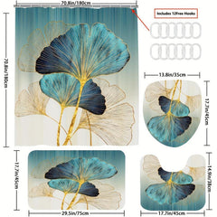 Leaf Pattern Shower Curtain with Non-Slip Mat and Toilet Cover
