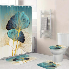 Leaf Pattern Shower Curtain with Non-Slip Mat and Toilet Cover