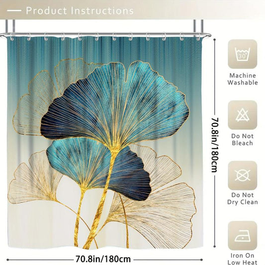 Leaf Pattern Shower Curtain with Non-Slip Mat and Toilet Cover