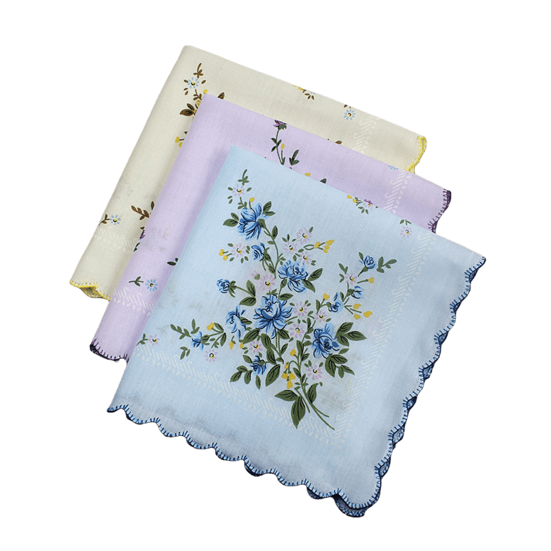3pcs Retro Square Towel Women's Printed Handkerchief Vintage Flower Cotton Face