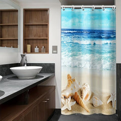 Shell Shower Curtain, Beach Design, Waterproof, Mildew Proof, Machine Washable