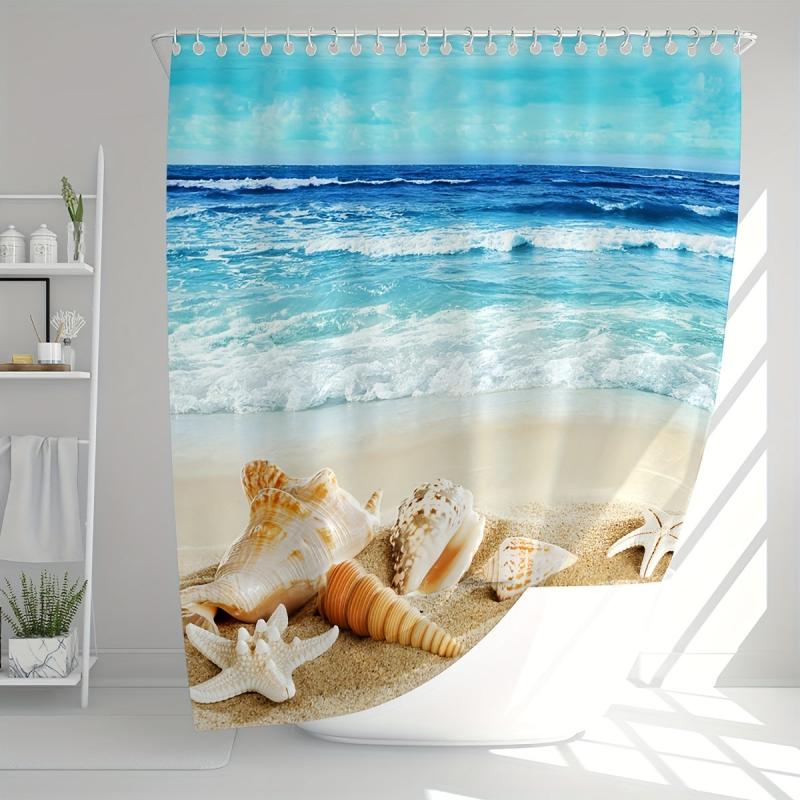 Shell Shower Curtain, Beach Design, Waterproof, Mildew Proof, Machine Washable