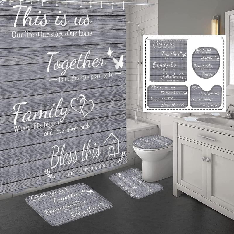 4pcs Family Shower Curtain Set with Non Slip Rugs - Grey