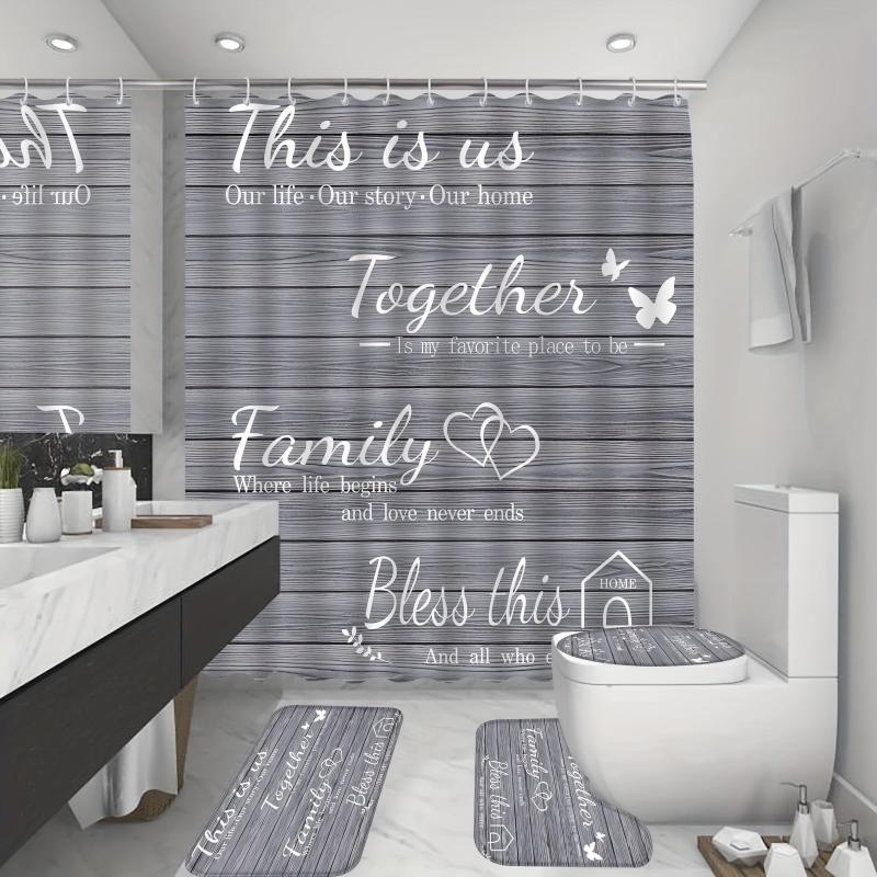 4pcs Family Shower Curtain Set with Non Slip Rugs - Grey