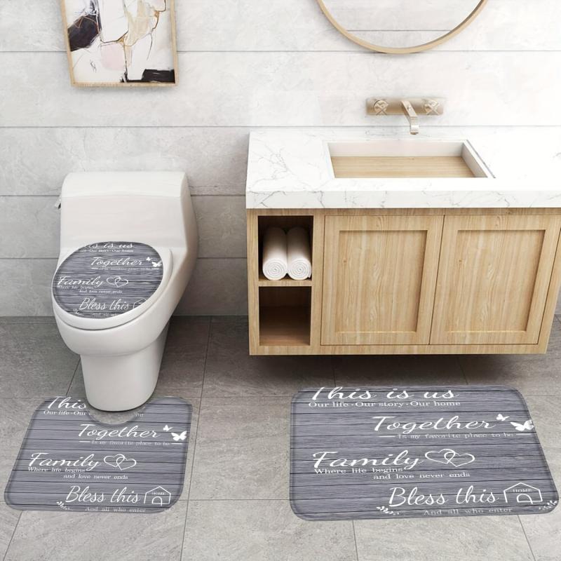 4pcs Family Shower Curtain Set with Non Slip Rugs - Grey
