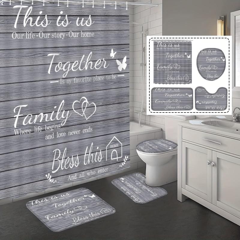 4pcs Family Shower Curtain Set with Non Slip Rugs - Grey