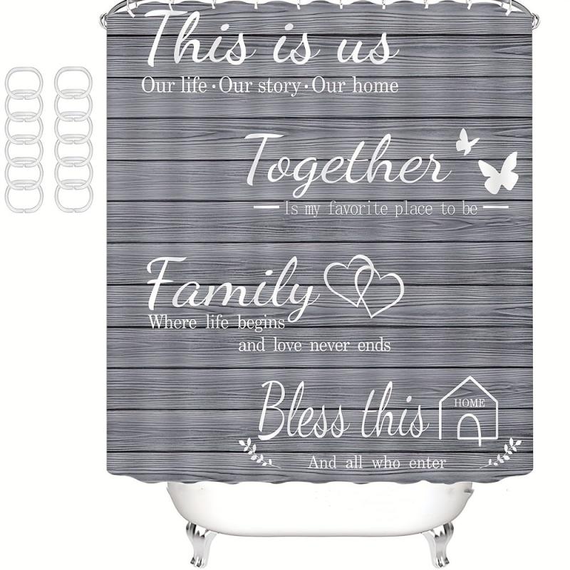 4pcs Family Shower Curtain Set with Non Slip Rugs - Grey