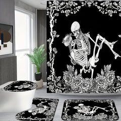 Skull Couple Bathroom Shower Curtain Set with Hooks and Rug