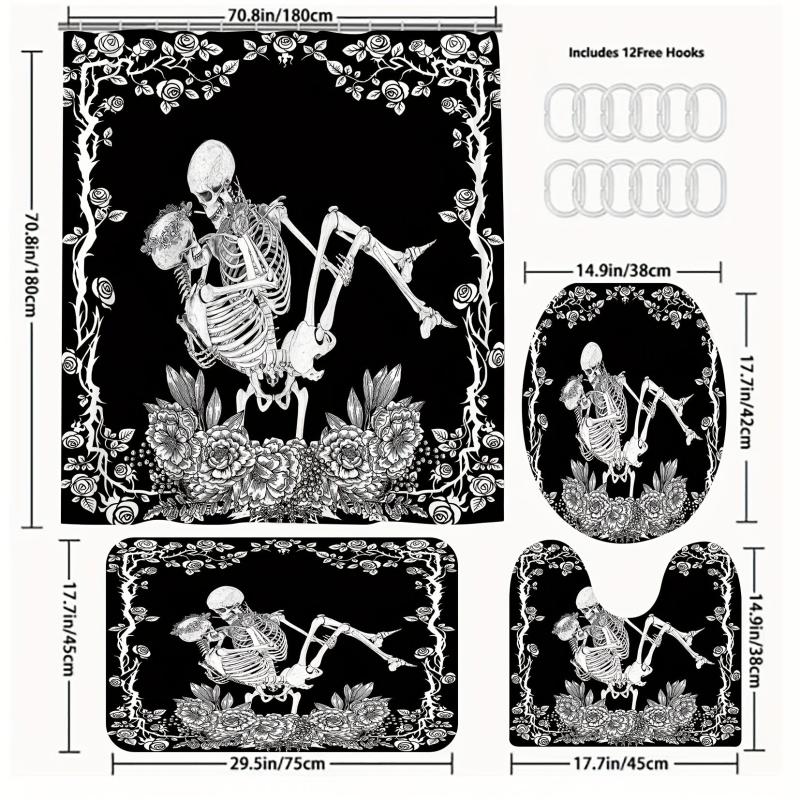 Skull Couple Bathroom Shower Curtain Set with Hooks and Rug