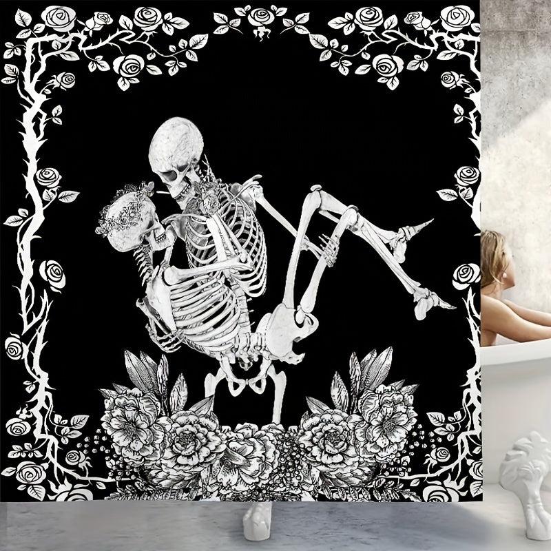 Skull Couple Bathroom Shower Curtain Set with Hooks and Rug
