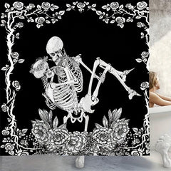Skull Couple Bathroom Shower Curtain Set with Hooks and Rug