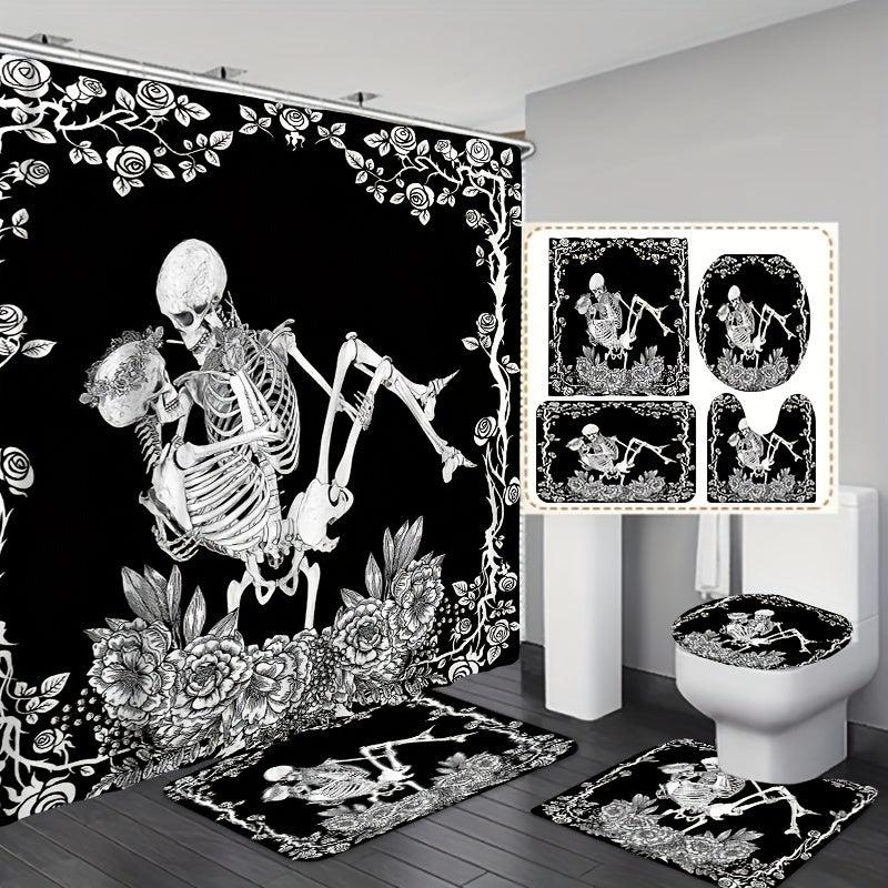 Skull Couple Bathroom Shower Curtain Set with Hooks and Rug