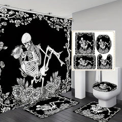 Skull Couple Bathroom Shower Curtain Set with Hooks and Rug