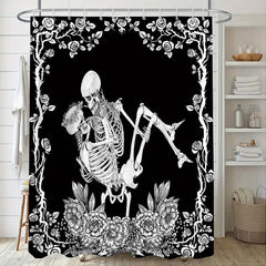 Skull Couple Bathroom Shower Curtain Set with Hooks and Rug