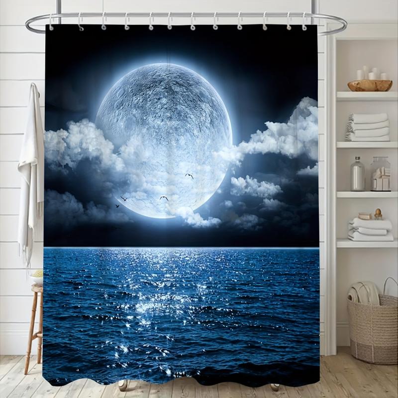 4pcs Ocean Moon Shower Curtain Set with 12 Hooks Bathroom Decor