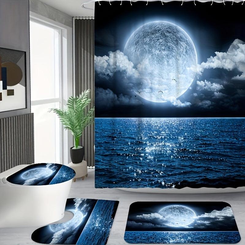 4pcs Ocean Moon Shower Curtain Set with 12 Hooks Bathroom Decor