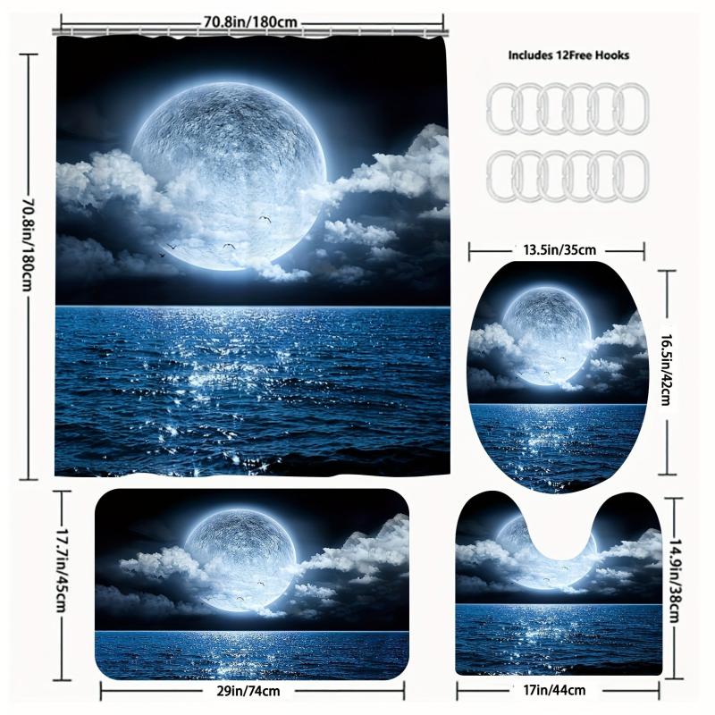 4pcs Ocean Moon Shower Curtain Set with 12 Hooks Bathroom Decor