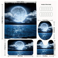 4pcs Ocean Moon Shower Curtain Set with 12 Hooks Bathroom Decor
