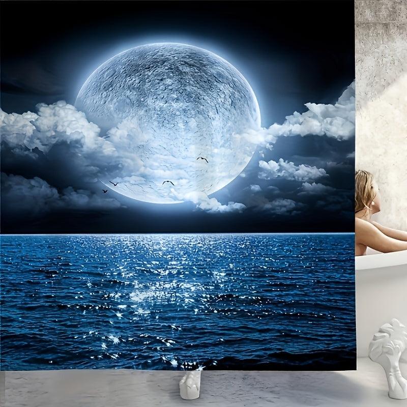 4pcs Ocean Moon Shower Curtain Set with 12 Hooks Bathroom Decor