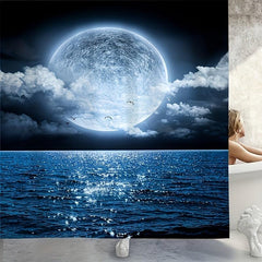 4pcs Ocean Moon Shower Curtain Set with 12 Hooks Bathroom Decor