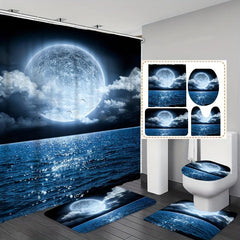 4pcs Ocean Moon Shower Curtain Set with 12 Hooks Bathroom Decor